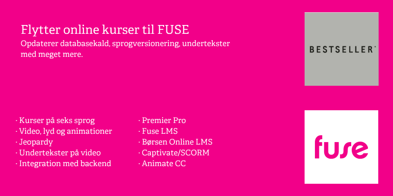 Flytter Bestsellers online kurser til FUSE. 
Opdaterer databasekald, sprogversionering, undertekster med meget mere.